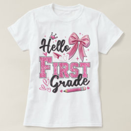 Hello First Grade Teacher Coquette Pencil Bow Tシャツ