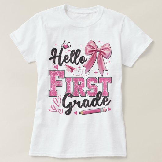 Hello First Grade Teacher Coquette Pencil Bow Tシャツ (デザイン正面)