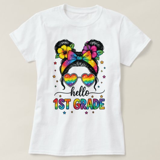 Hello First Grade Teacher Coquette Pencil Bow Tシャツ (デザイン正面)