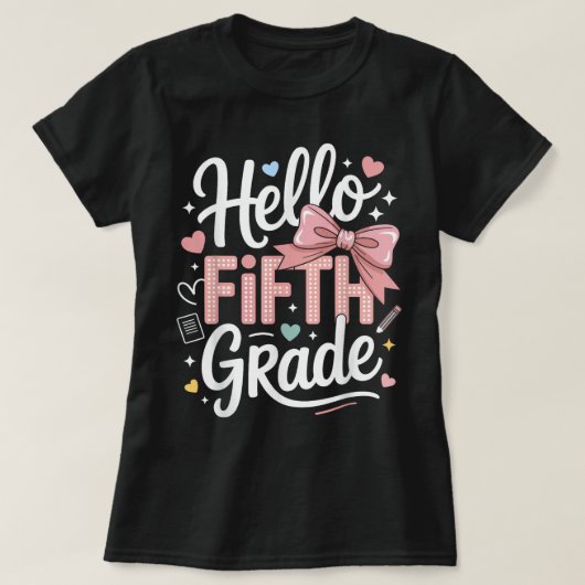 Hello First Grade Teacher Coquette Pencil Bow Tシャツ (デザイン正面)