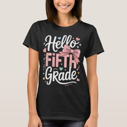 Hello First Grade Teacher Coquette Pencil Bow Tシャツ (正面)