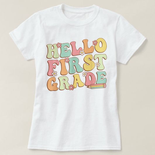 Hello First Grade Teacher Coquette Pencil Bow Tシャツ (デザイン正面)