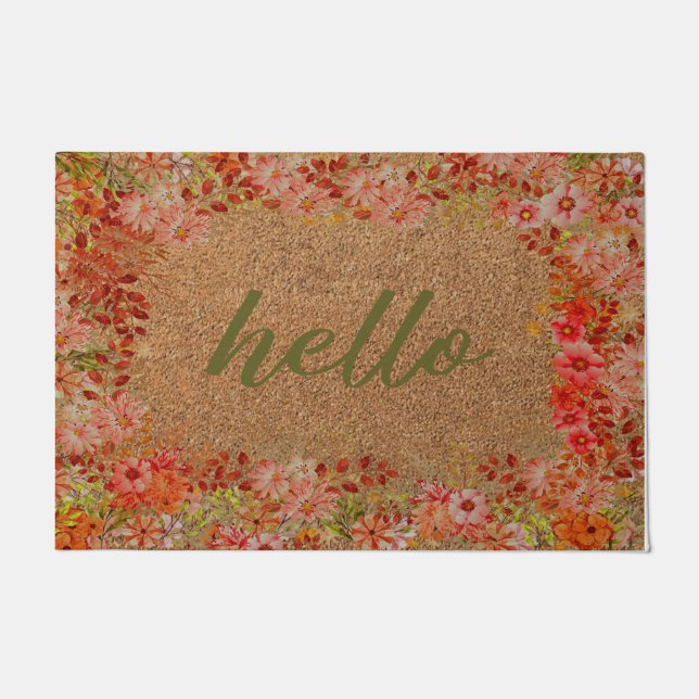 Hello Flowerカラフル Door Mat、フローラようこそ ドアマット (正面)