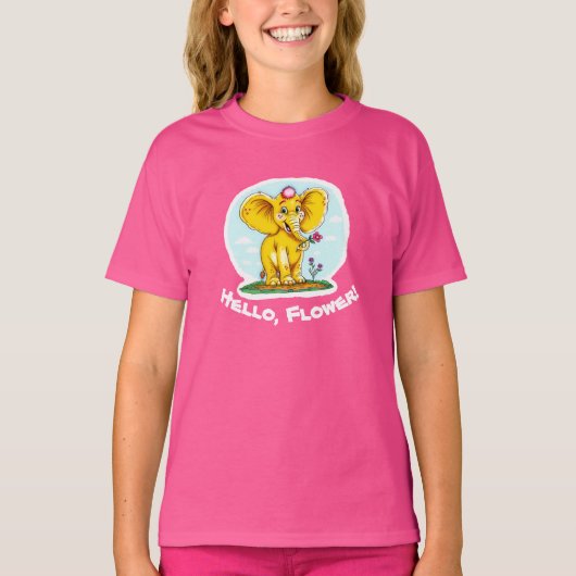“Hello, Flower! – Cute Yellow Elephant T-Shirt for Tシャツ (正面)
