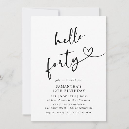 Hello Forty Black and White 40th Birthday Party 招待状 (正面)