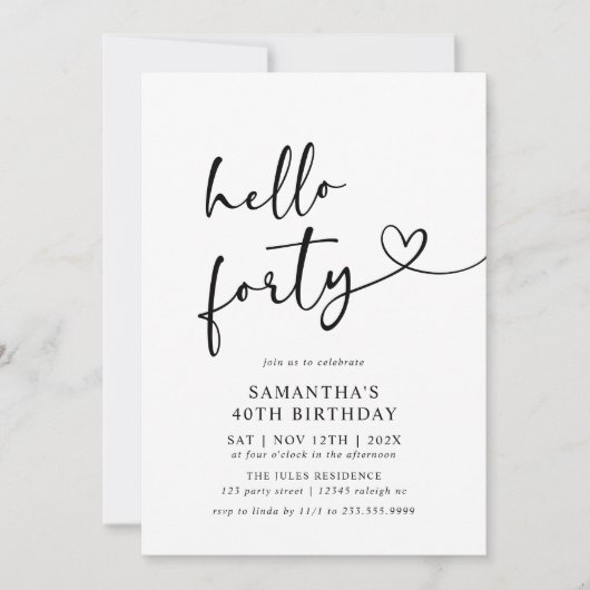 Hello Forty Black and White 40th Birthday Party 招待状 (正面)