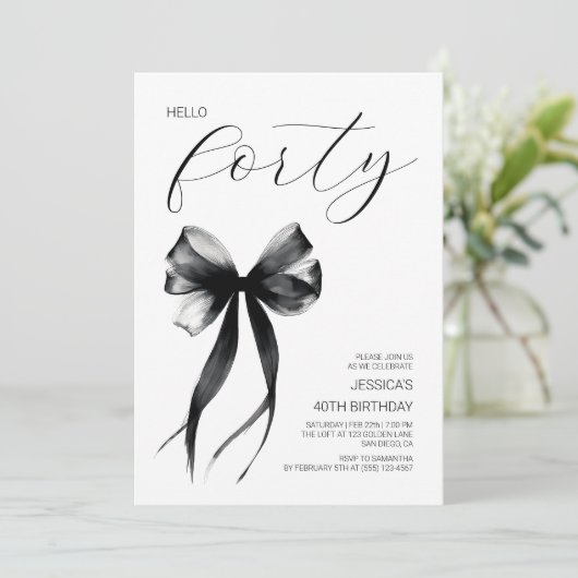 Hello Forty Black Bow Elegant 40th Birthday Party 招待状 (スタンド正面)