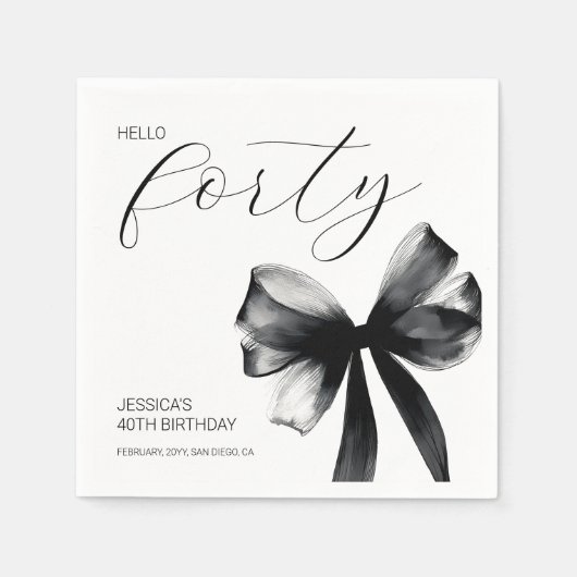 Hello Forty Elegant Script Bow 40th Birthday Party スタンダードカクテルナプキン (正面)