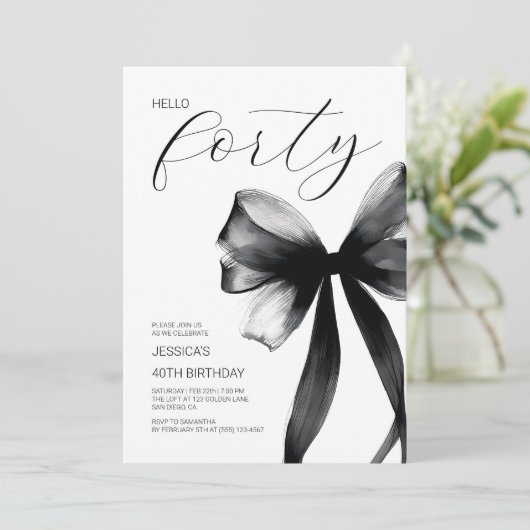 Hello Forty Script エレガント Bow 40th Birthdayパーティー 招待状 (スタンド正面)