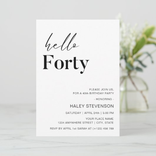 Hello Forty Whiteミニマモダンリスト40th Birthday 招待状 (スタンド正面)