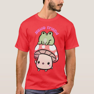 Hello Friend A Cute Mushroom And Frog Friends frie Tシャツ