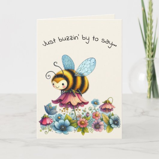 Hello Friendship Whimsical Bee and Flowers カード (正面)