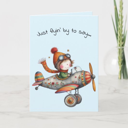 Hello Friendship Whimsical Kid Flying Plane カード (正面)