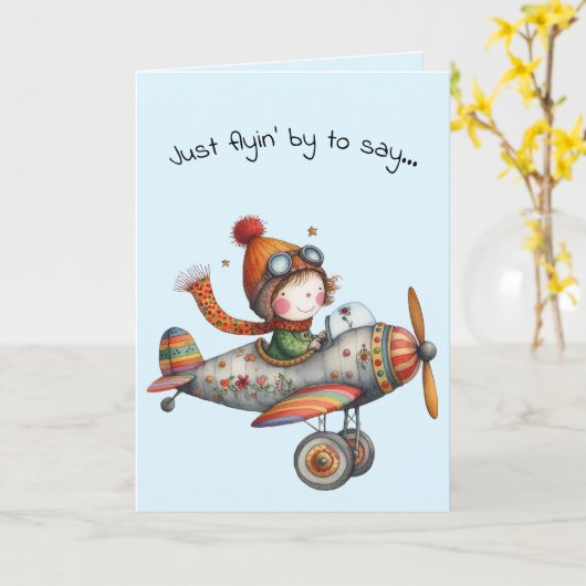 Hello Friendship Whimsical Kid Flying Plane カード (黄色い花)