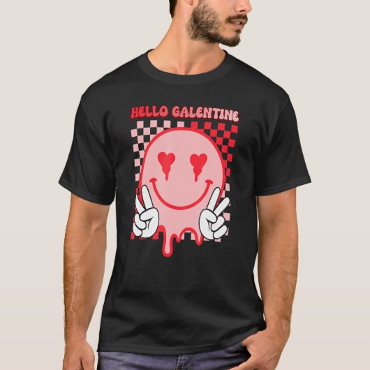 Hello Galentine Happy Face Love Hearts Eyes Valent Tシャツ (正面)