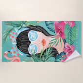 Hello Girl Beach Beauty Tropical Palm & Flamingo ビーチタオル (正面)