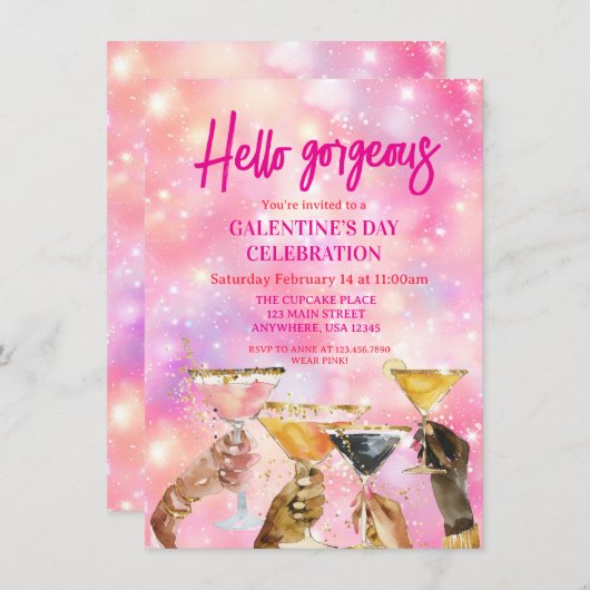 Hello Gorgeous Galentine's Day Glitter Pink 招待状 (正面/裏面)