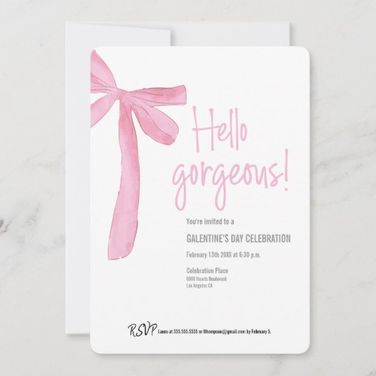 Hello Gorgeous Galentine's Day Pink Ribbon Bow 招待状 (正面)