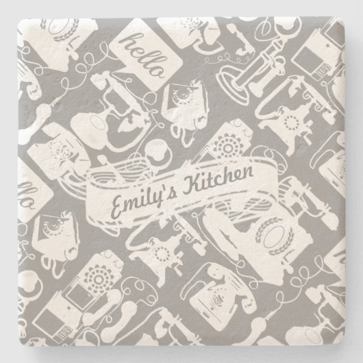 Hello Grayまたは任意のカラーレトロ電話のパーソナライズ ストーンコースター (正面)