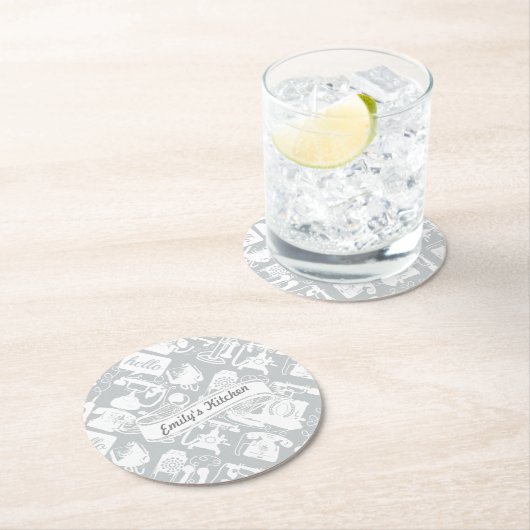 Hello Grayまたは任意のカラーレトロ電話のパーソナライズ ラウンドペーパーコースター (インサイチュ)