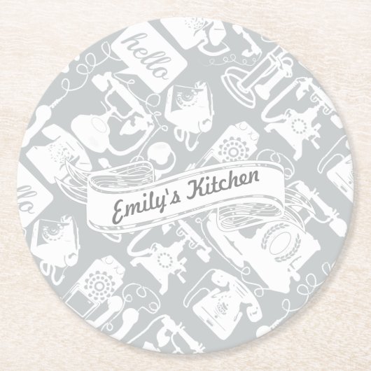 Hello Grayまたは任意のカラーレトロ電話のパーソナライズ ラウンドペーパーコースター (正面)