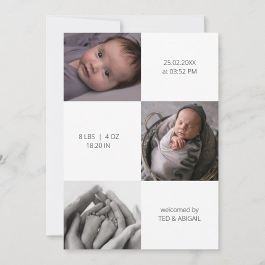 Hello Grayスクリプトウォーターカラーフォトコラージュベビー 案内状 (裏面)