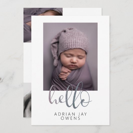 Hello Grayスクリプトウォーターカラーフォトコラージュベビー 案内状 (正面/裏面)