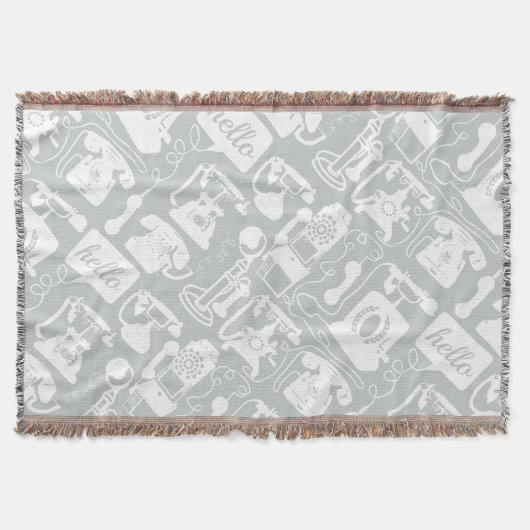 Hello Grayホワイトヴィンテージ電話パターン スローブランケット (正面)