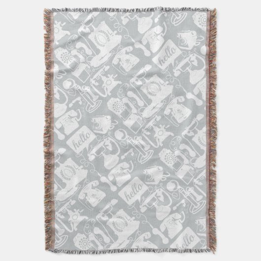 Hello Grayホワイトヴィンテージ電話パターン スローブランケット (正面縦)