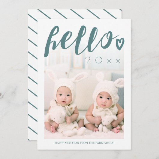 Hello Greenスクリプトカスタムフォトハッピー新年 シーズンカード (正面/裏面)