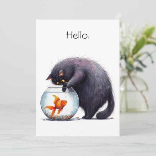 Hello Hi Black Cat and Goldfish Bowl Funny カード (スタンド正面)