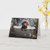 Hello Hi Cute Chocolate Lab Puppy in a Bath カード (黄色い花)
