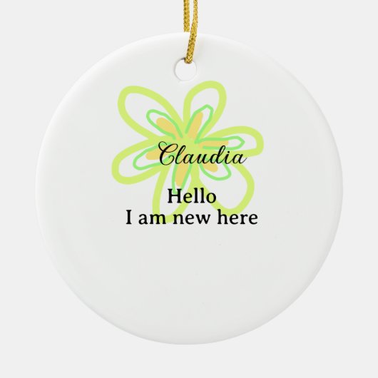 Hello I am new here name yellow green flower kids セラミックオーナメント (正面)