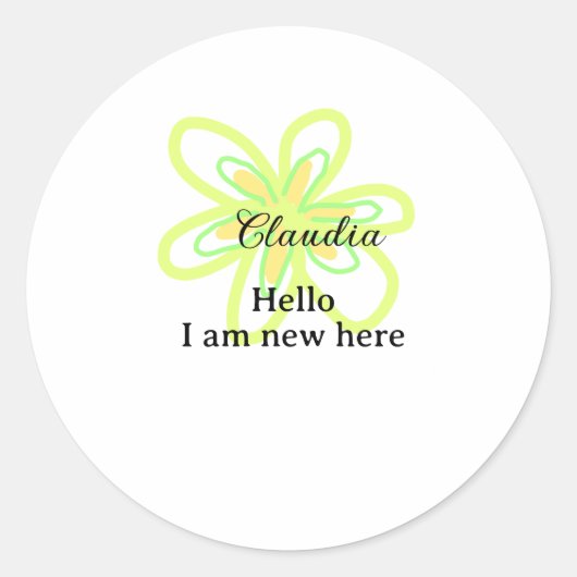 Hello I am new here name yellow green flower kids ラウンドシール (正面)