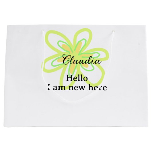 Hello I am new here name yellow green flower kids ラージペーパーバッグ (正面)