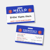HELLO i have narcolepsy emergency info バッジ (正面＆裏面)