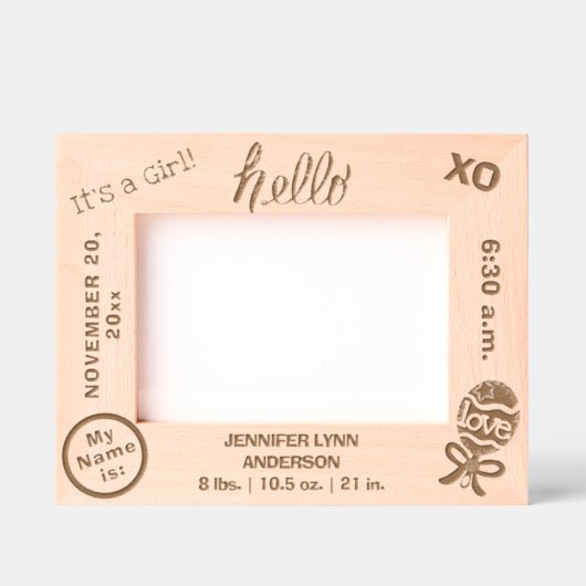 Hello It's A Girl誕生統計6 x 4, 7 x 5写真 レーザー彫刻フレーム (正面)
