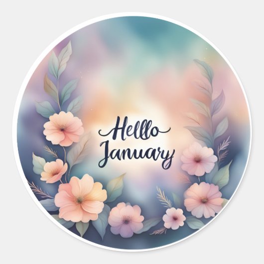 Hello Januaryピンク色の花 ラウンドシール (正面)