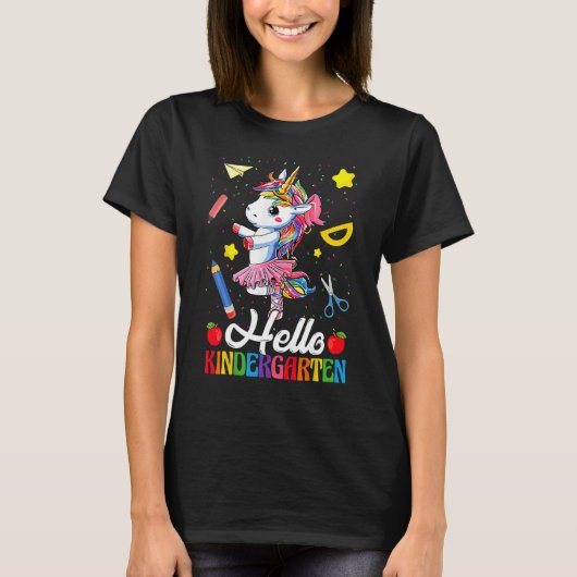 Hello Kindergarten Dancing Unicorn Student Back To Tシャツ (正面)