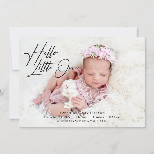 Hello Little Oneスクリプトエレガントフォト誕生 案内状 (正面)