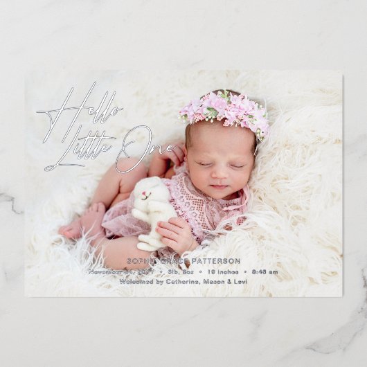 Hello Little Oneスクリプトエレガントフォト誕生 箔シーズンカード (正面)