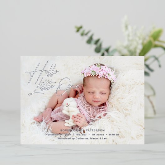 Hello Little Oneスクリプトエレガントフォト誕生 箔シーズンカード (立ち正面)