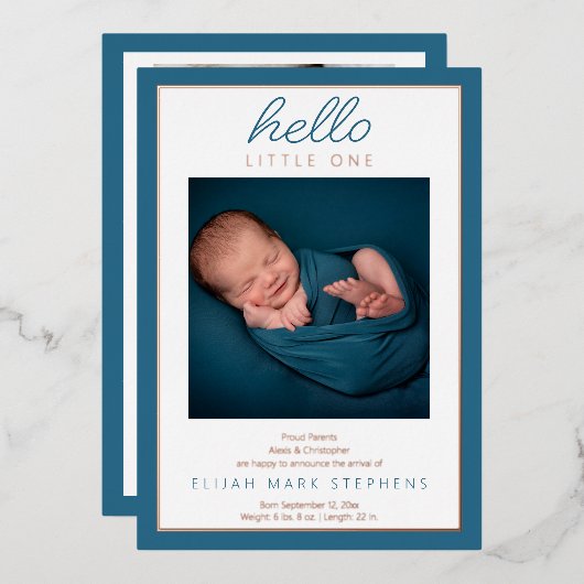 Hello Little Two写真ベビー誕生のお知らせ 箔招待状 (正面/裏面)