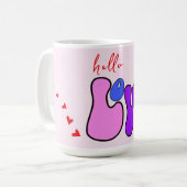 "Hello Love"レトロ70のスタイルフォント赤いハート コーヒーマグカップ (正面左)
