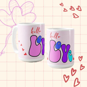 "Hello Love"レトロ70のスタイルフォント赤いハート コーヒーマグカップ