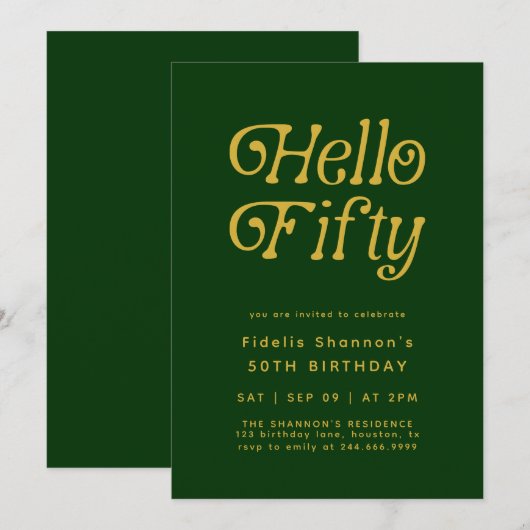 Hello Modern Retro green and gold 50th Birthday  招待状 (正面/裏面)