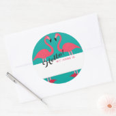 Hello nameタグ(ピンクのフラミンゴとティール(緑がかった色)) ラウンドシール (封筒)