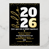 Hello New Yearスクリプトカスタム年ブラック実在金ゴールド 箔招待状 (正面)