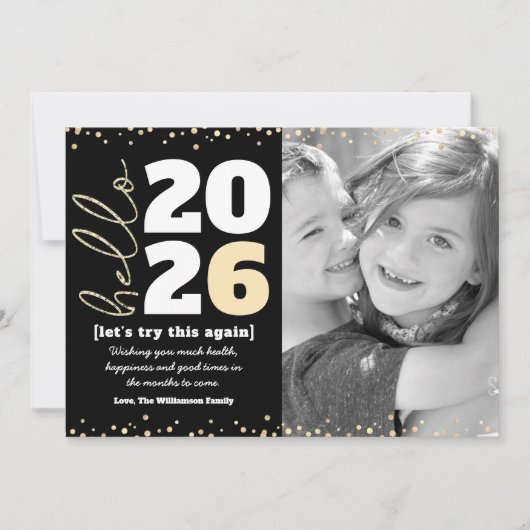 Hello New Year Black金ゴールドモダン年カスタムの写真 シーズンカード (正面)
