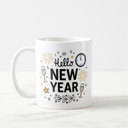 Hello New Year Cute Hand-Drawn Fireworks Mug コーヒーマグカップ (左)